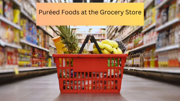 grocery store, red basket on floor of aisle