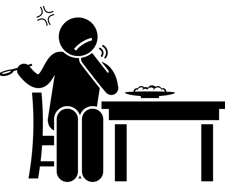 graphic of person sitting at table eating with difficulty showing sign of choking