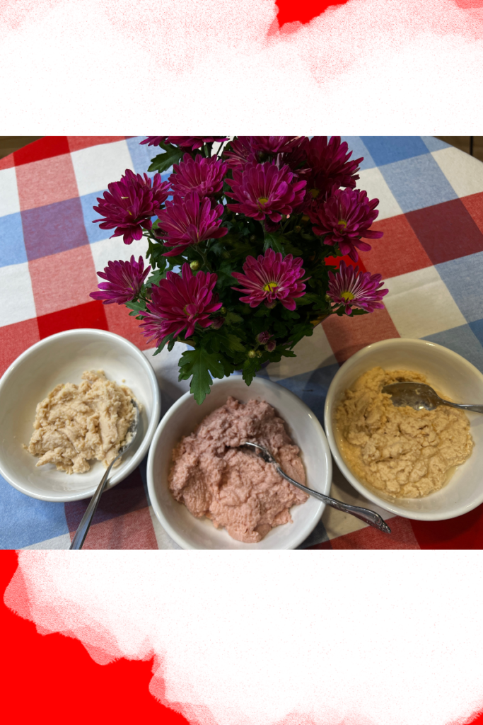 checkered tablecloth with 3 bowls of pureed meats and a plant of purple mums