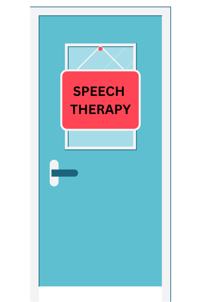 blue office door with window and a red sign reading speech therapy