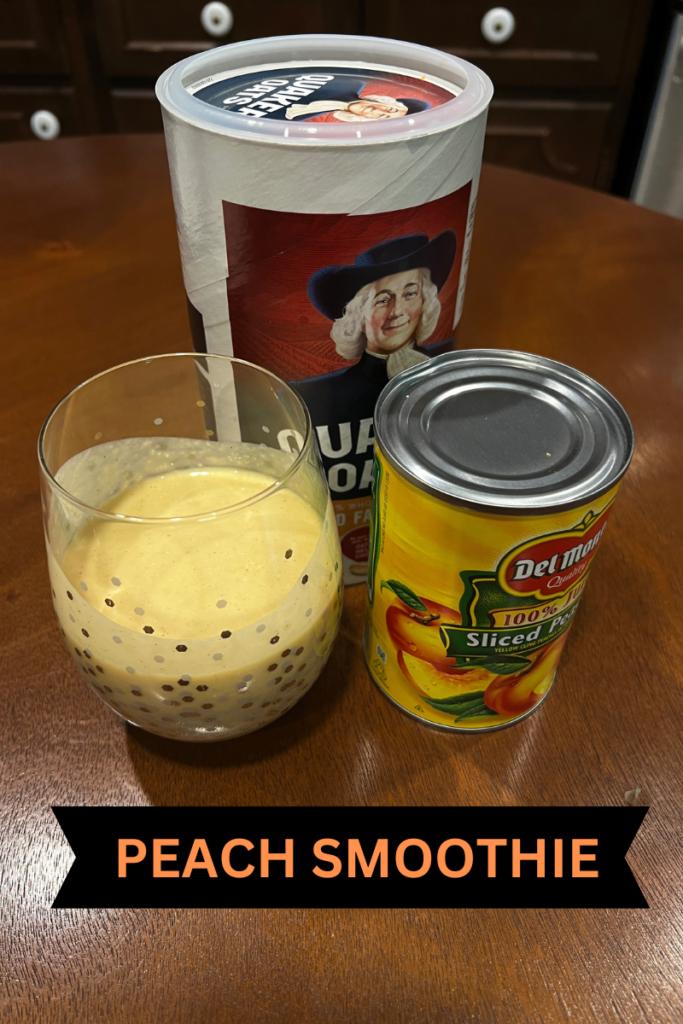 glass of peach smoothie, can of peaches and box of Quaker Oats